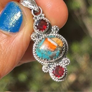 Genuine garnet and turquoise sterling silver 925 pendant.